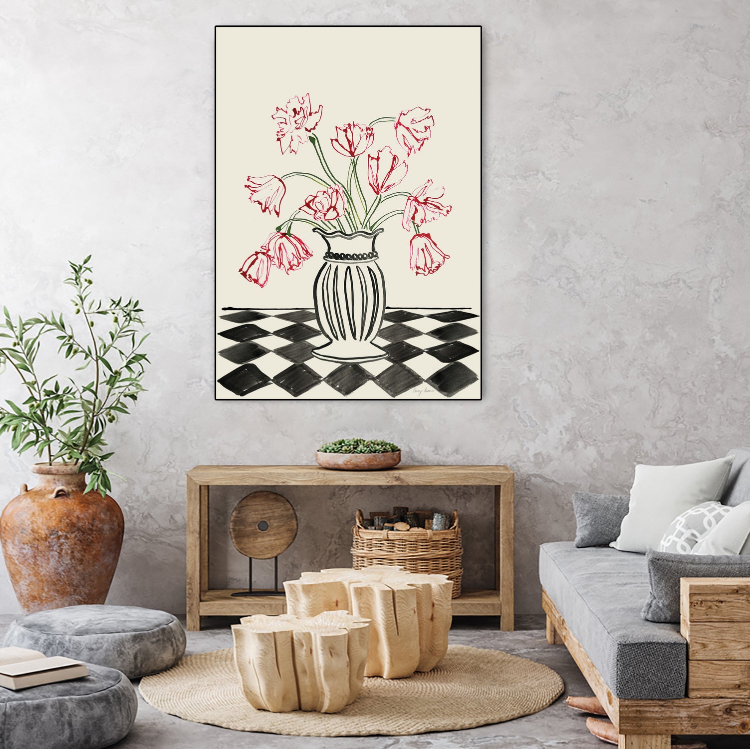 Pink Tulips In a Vase with Checkered Diamonds by Lucy Deaner  on GIANT ART -  flowers and plants