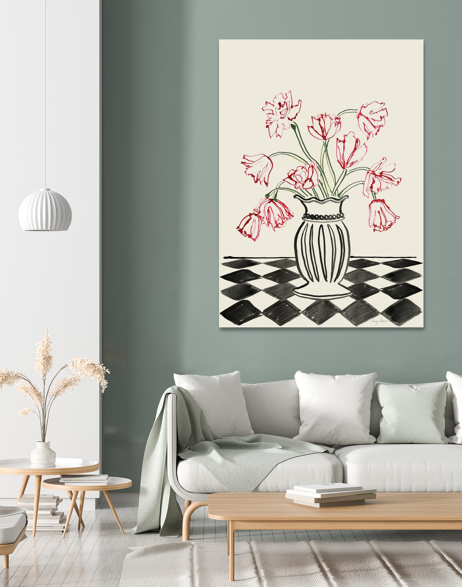 Pink Tulips In a Vase with Checkered Diamonds by Lucy Deaner  on GIANT ART -  flowers and plants