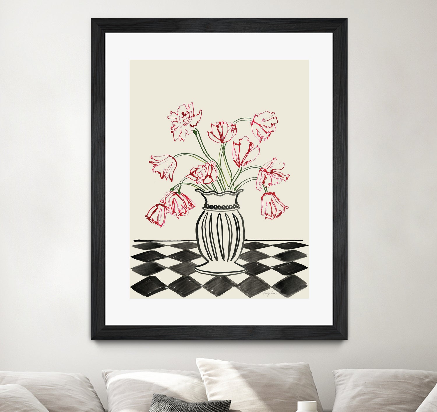 Pink Tulips In a Vase with Checkered Diamonds by Lucy Deaner  on GIANT ART -  flowers and plants