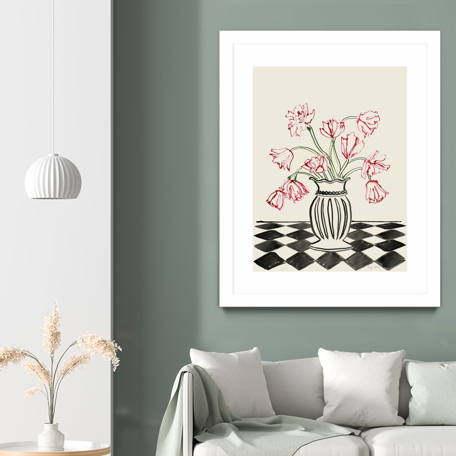 Pink Tulips In a Vase with Checkered Diamonds by Lucy Deaner  on GIANT ART -  flowers and plants