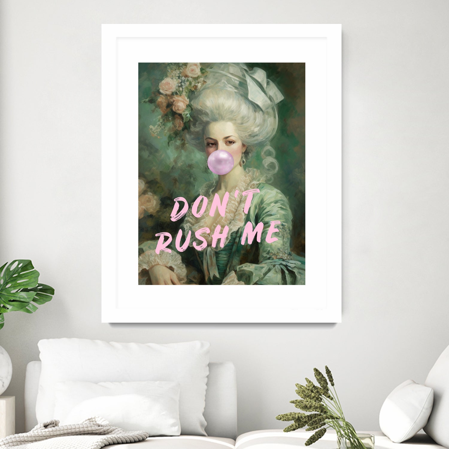Marie Antoinette Dont Rush Me by Talitha McQueen on GIANT ART - pink contemporary  human face,flower,text,clothing,painting,doll,poster,person,fashion,flowers,flora,floral,botanical,flowers and plants,botanicals,word,words,painted,paint,painterly,people,portrait,figurative