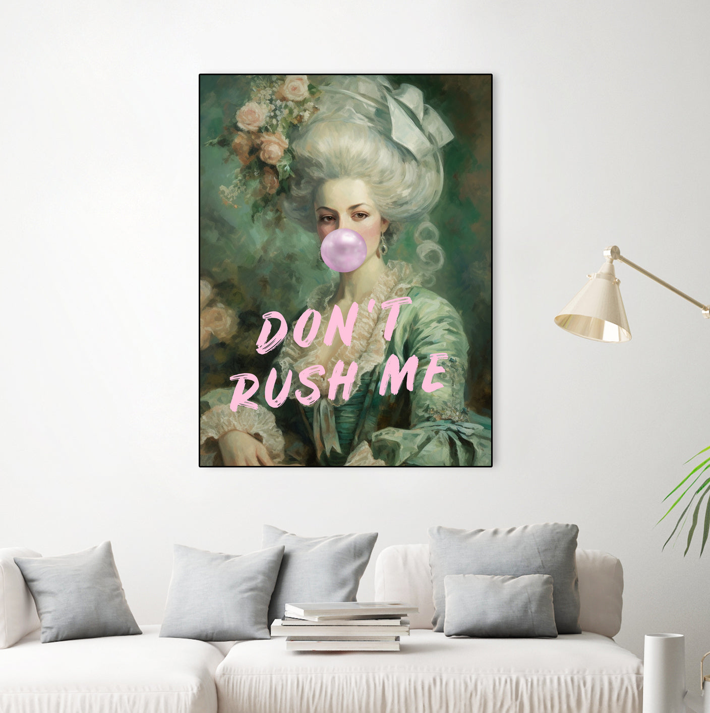 Marie Antoinette Dont Rush Me by Talitha McQueen on GIANT ART - pink contemporary  human face,flower,text,clothing,painting,doll,poster,person,fashion,flowers,flora,floral,botanical,flowers and plants,botanicals,word,words,painted,paint,painterly,people,portrait,figurative