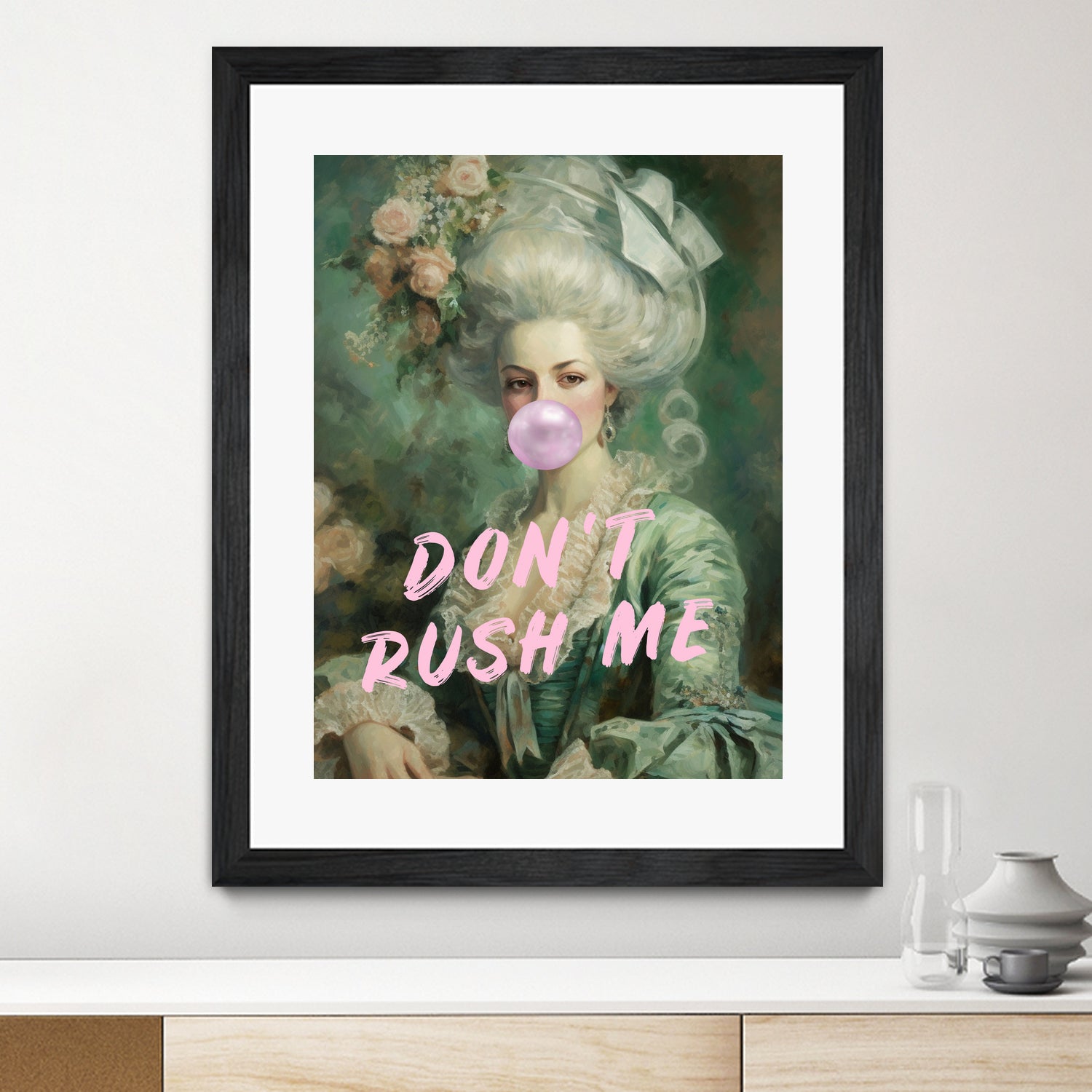 Marie Antoinette Dont Rush Me by Talitha McQueen on GIANT ART - pink contemporary  human face,flower,text,clothing,painting,doll,poster,person,fashion,flowers,flora,floral,botanical,flowers and plants,botanicals,word,words,painted,paint,painterly,people,portrait,figurative