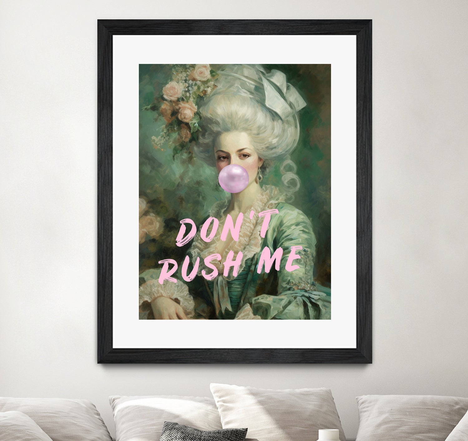 Marie Antoinette Dont Rush Me by Talitha McQueen on GIANT ART - pink contemporary  human face,flower,text,clothing,painting,doll,poster,person,fashion,flowers,flora,floral,botanical,flowers and plants,botanicals,word,words,painted,paint,painterly,people,portrait,figurative