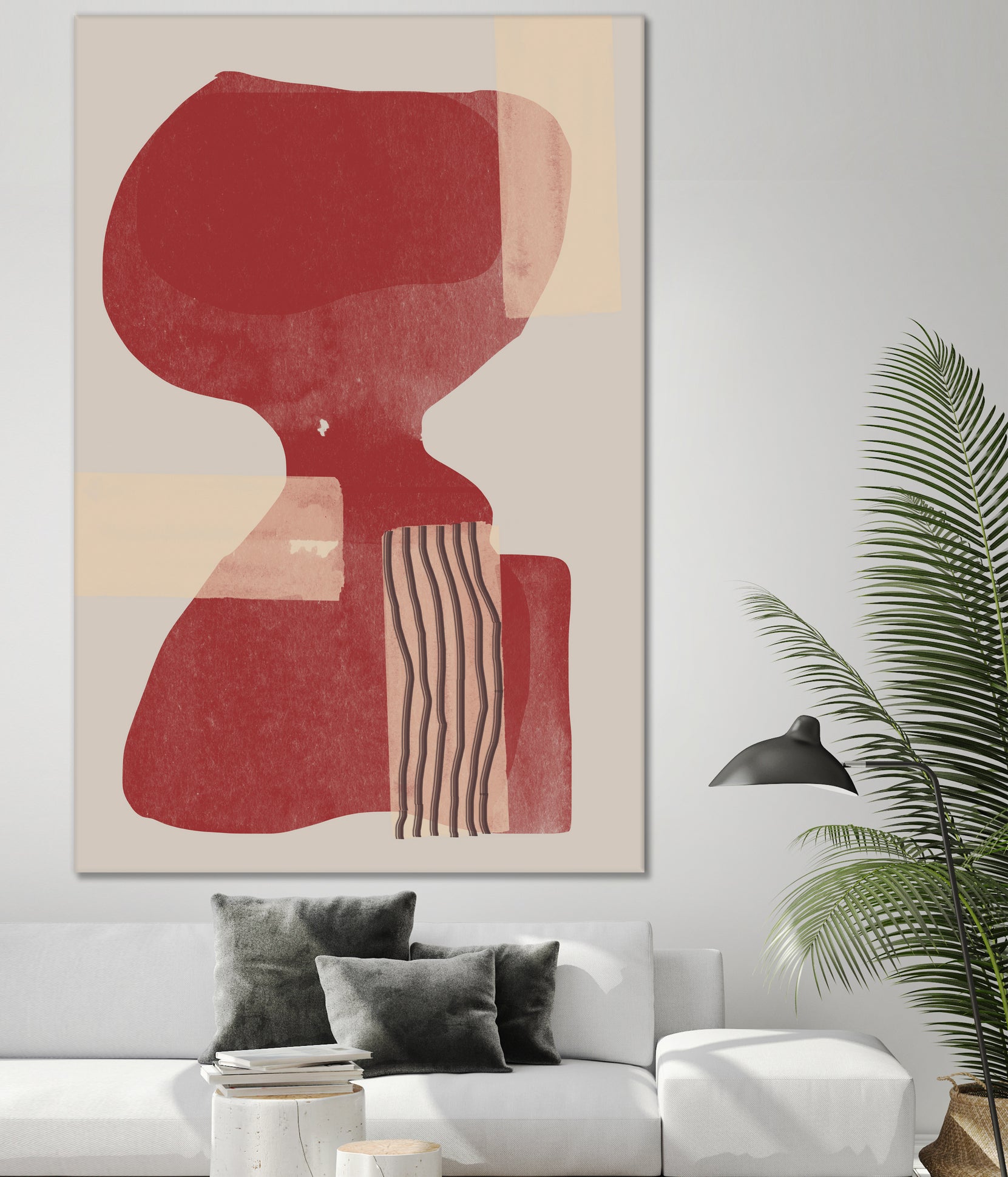 Crimson Harmony by THE MIUUS STUDIO  on GIANT ART - red shape  abstract, bold, white, grey, gray, calm, painting, print,  wallart,  wall art,  energetic, colourful, graphic print, illustration, soft, brush strokes, cute, prints, home decor, beige, black, drawing