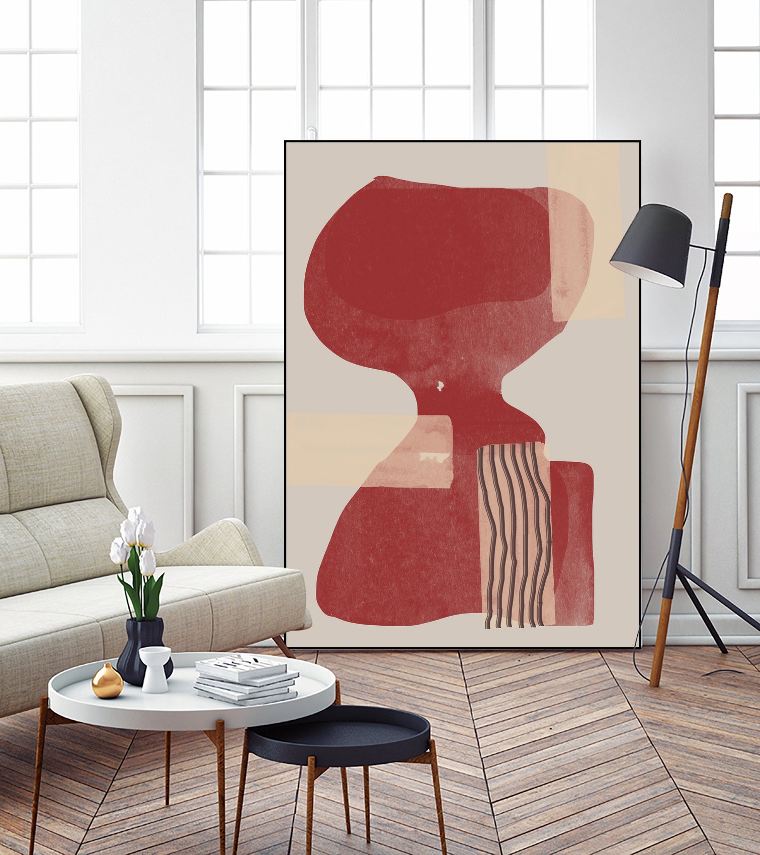 Crimson Harmony by THE MIUUS STUDIO  on GIANT ART - red shape  abstract, bold, white, grey, gray, calm, painting, print,  wallart,  wall art,  energetic, colourful, graphic print, illustration, soft, brush strokes, cute, prints, home decor, beige, black, drawing