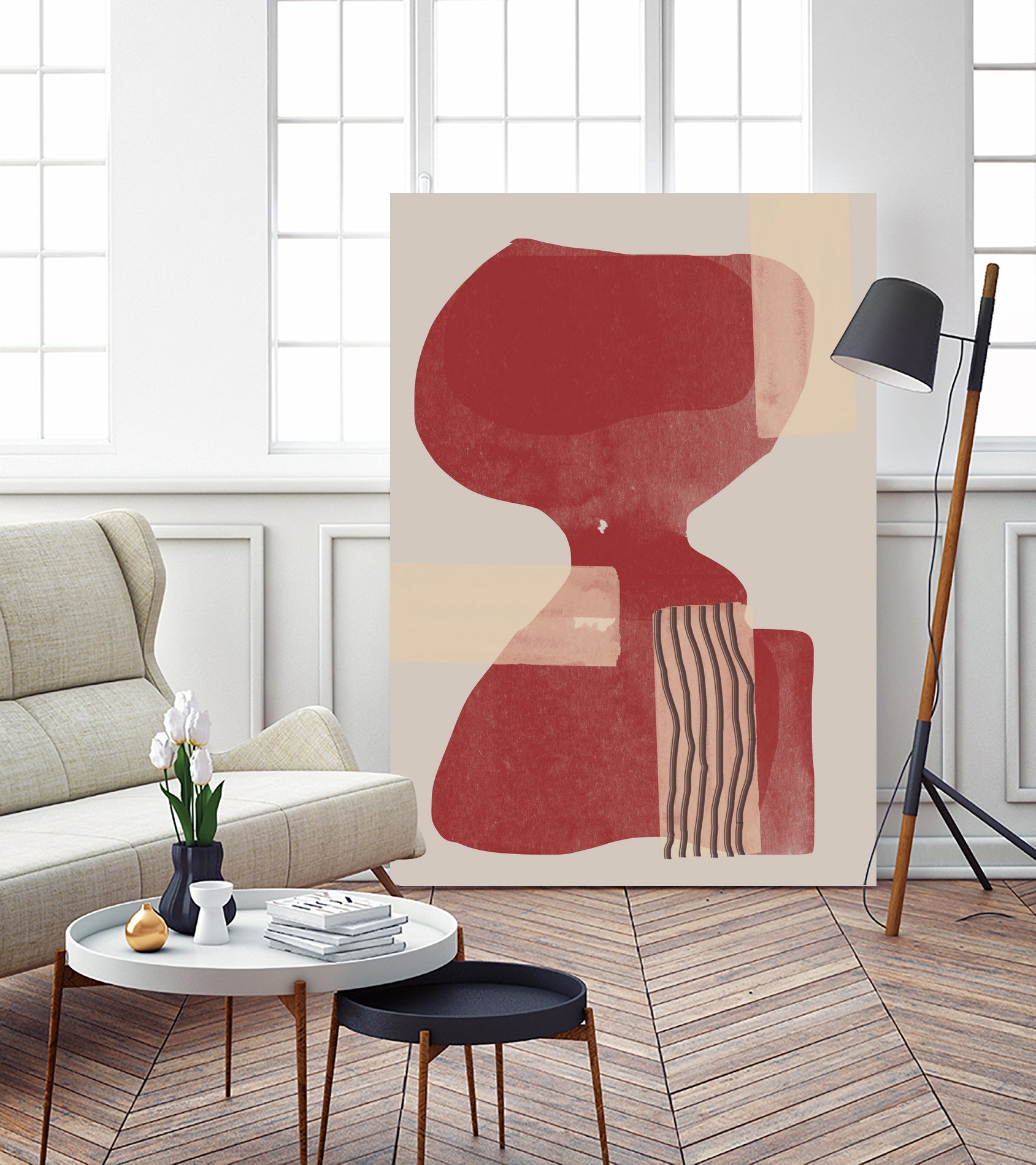 Crimson Harmony by THE MIUUS STUDIO  on GIANT ART - red shape  abstract, bold, white, grey, gray, calm, painting, print,  wallart,  wall art,  energetic, colourful, graphic print, illustration, soft, brush strokes, cute, prints, home decor, beige, black, drawing