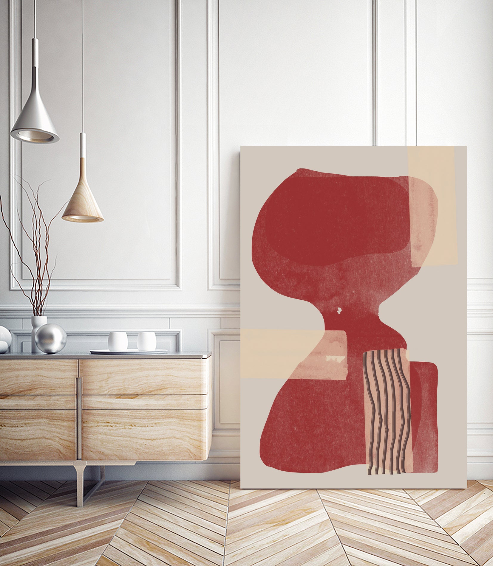 Crimson Harmony by THE MIUUS STUDIO  on GIANT ART - red shape  abstract, bold, white, grey, gray, calm, painting, print,  wallart,  wall art,  energetic, colourful, graphic print, illustration, soft, brush strokes, cute, prints, home decor, beige, black, drawing