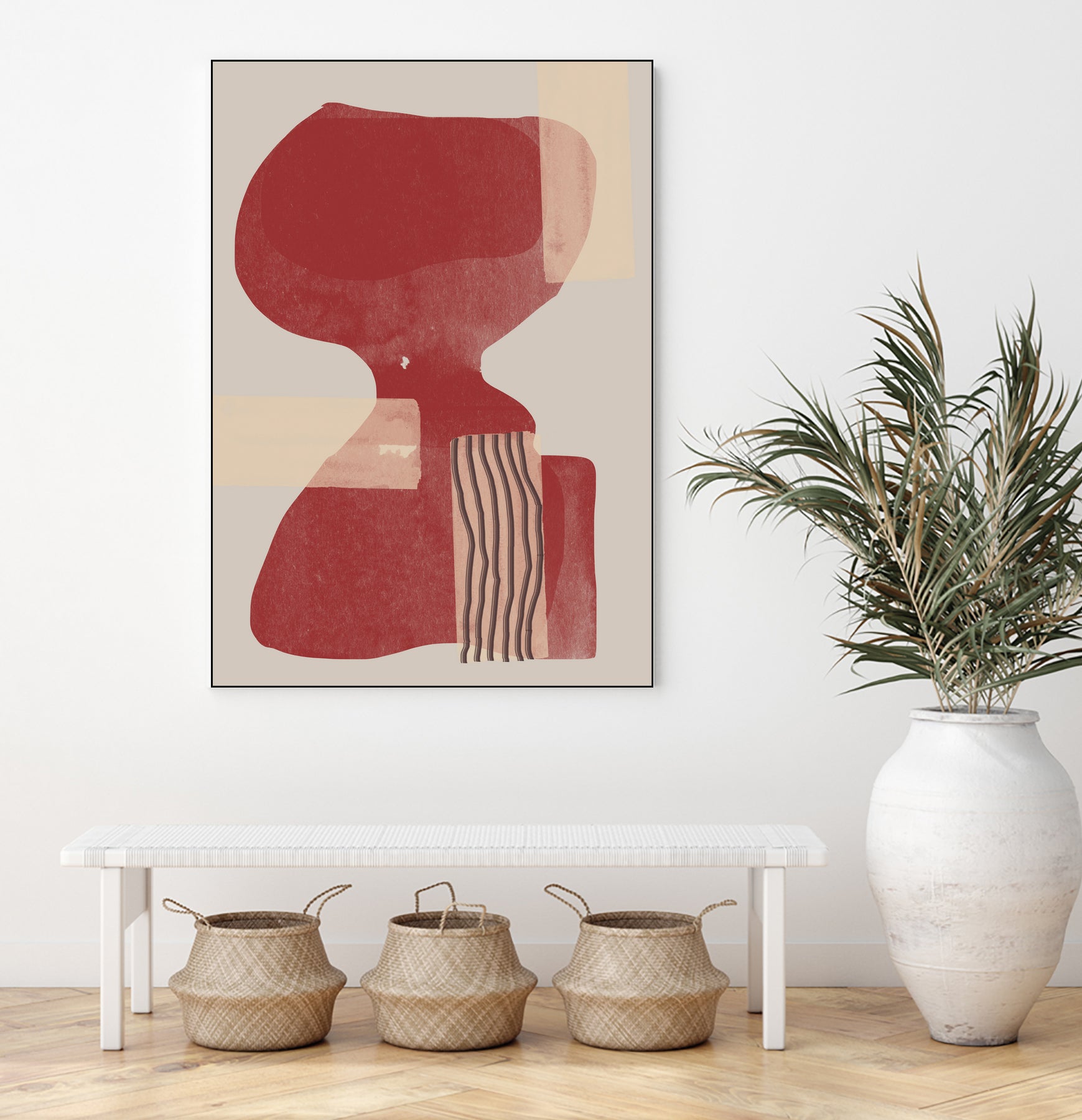 Crimson Harmony by THE MIUUS STUDIO  on GIANT ART - red shape  abstract, bold, white, grey, gray, calm, painting, print,  wallart,  wall art,  energetic, colourful, graphic print, illustration, soft, brush strokes, cute, prints, home decor, beige, black, drawing