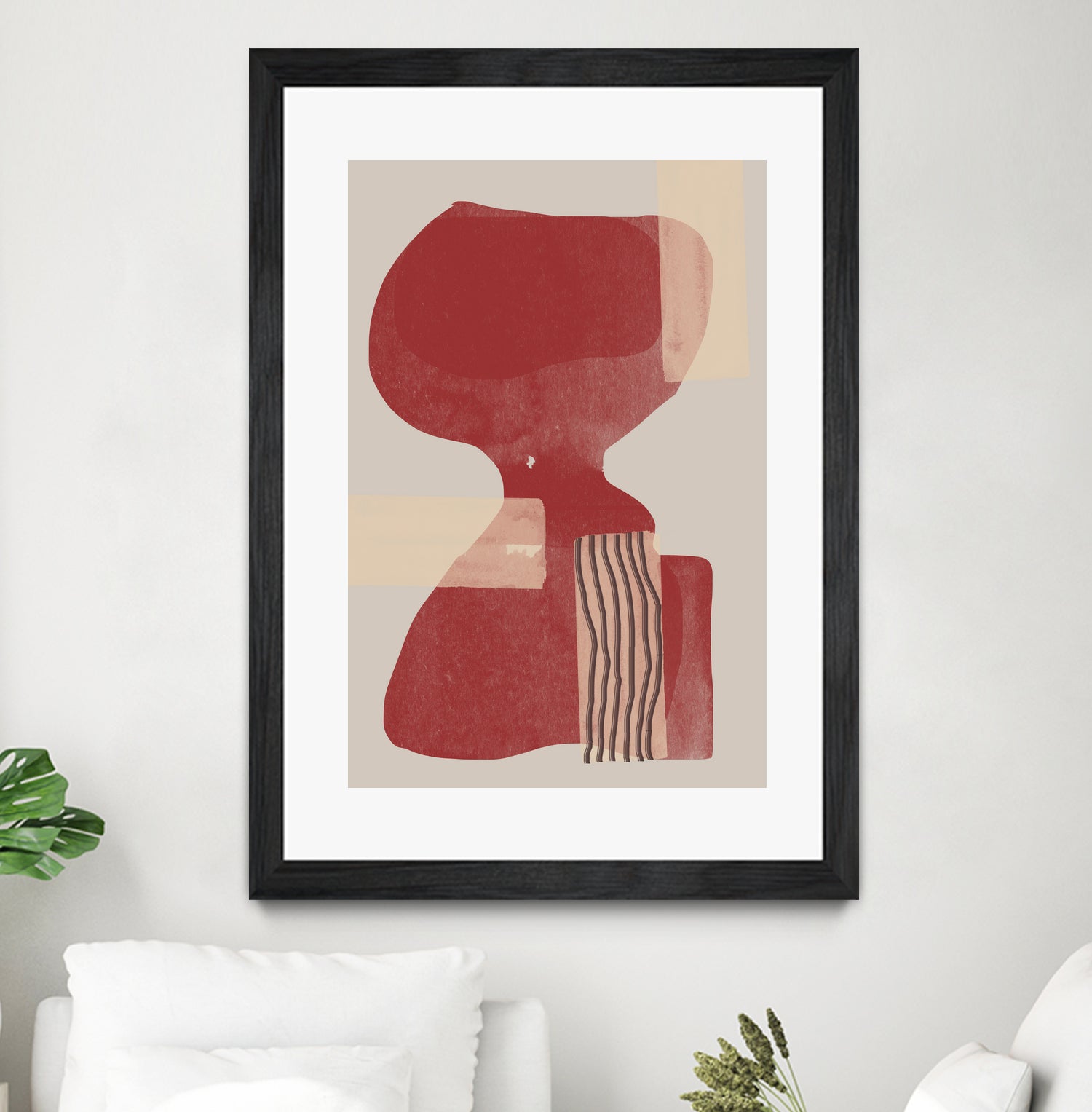 Crimson Harmony by THE MIUUS STUDIO  on GIANT ART - red shape  abstract, bold, white, grey, gray, calm, painting, print,  wallart,  wall art,  energetic, colourful, graphic print, illustration, soft, brush strokes, cute, prints, home decor, beige, black, drawing