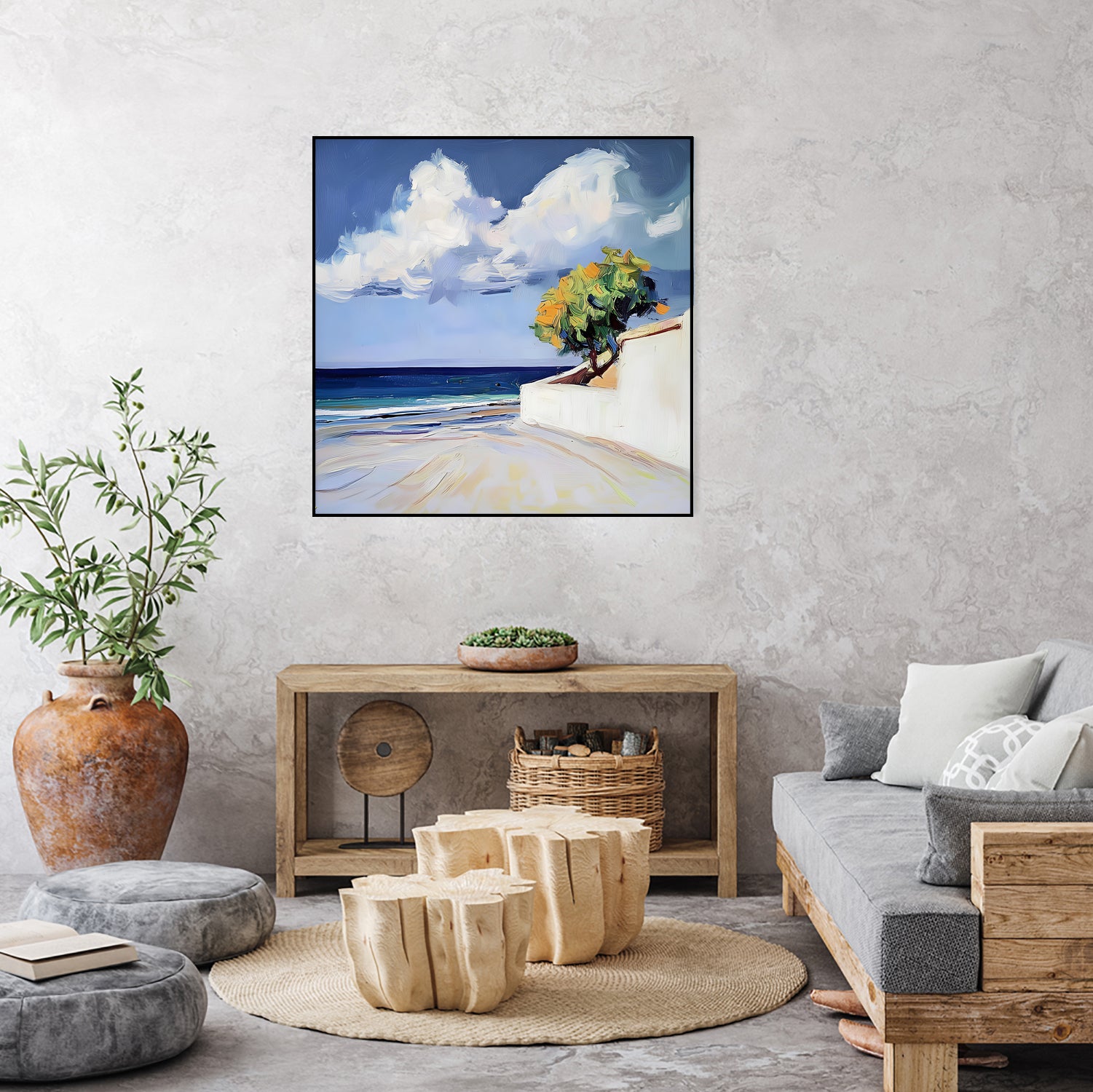 Serene Beach View with a Tree and Dramatic Clouds by Avanesova Elena on GIANT ART - nature and landscapes elena