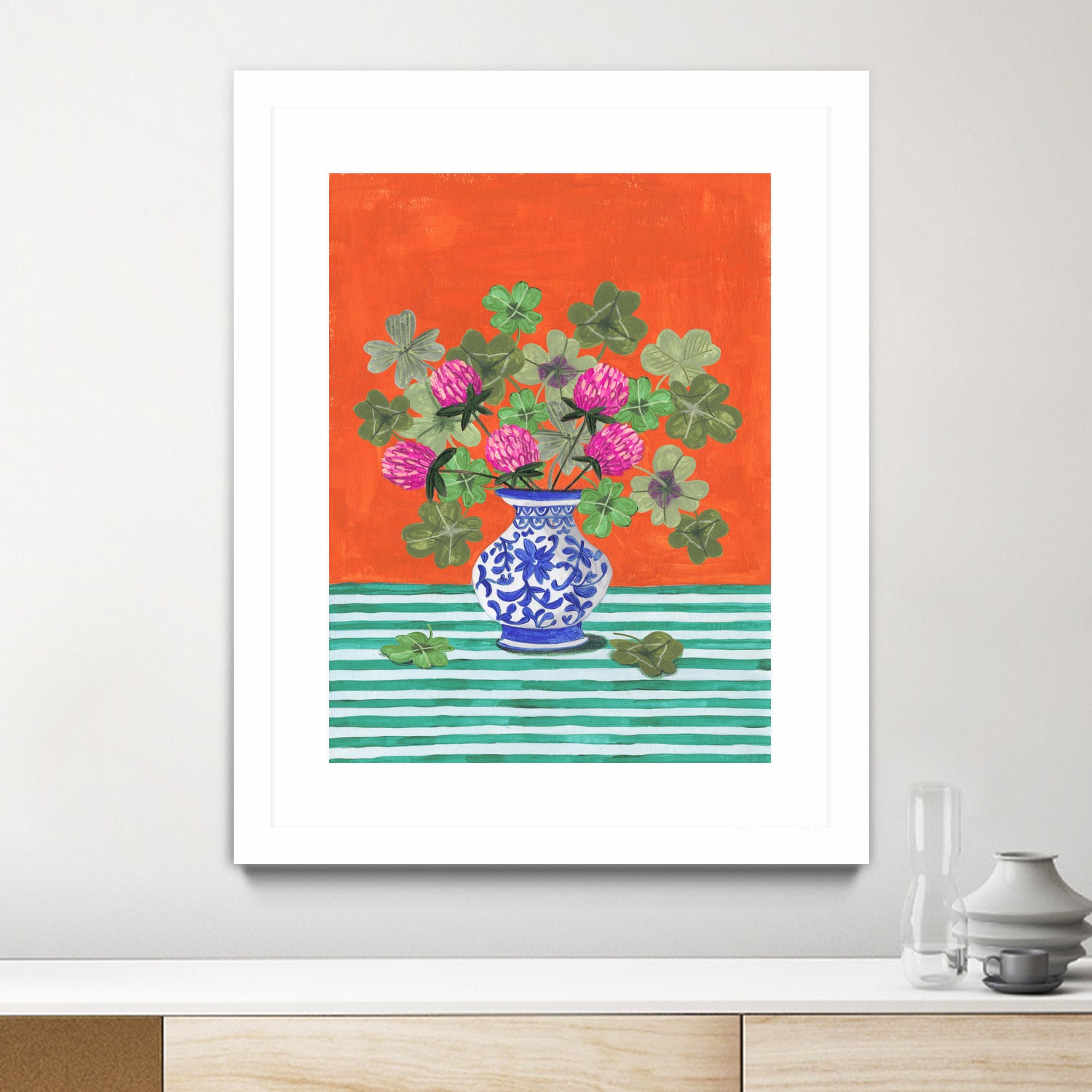 Clovers and Pink Blossoms by Caroline Bonne Muller on GIANT ART - clover bouquet  clover bouquet