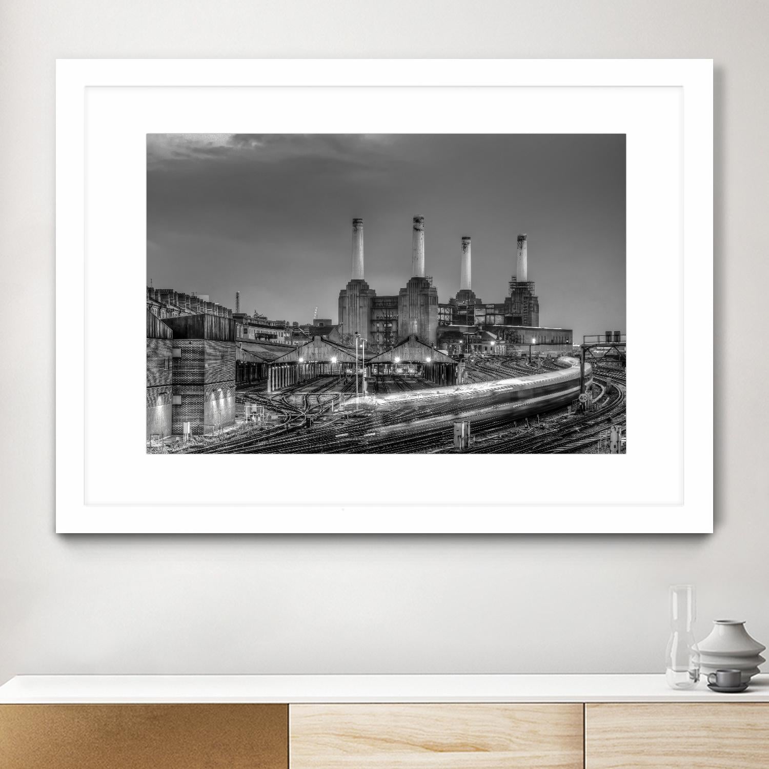 Trains pass Battersea Power Sation by Nick Jackson on GIANT ART - white city scene
