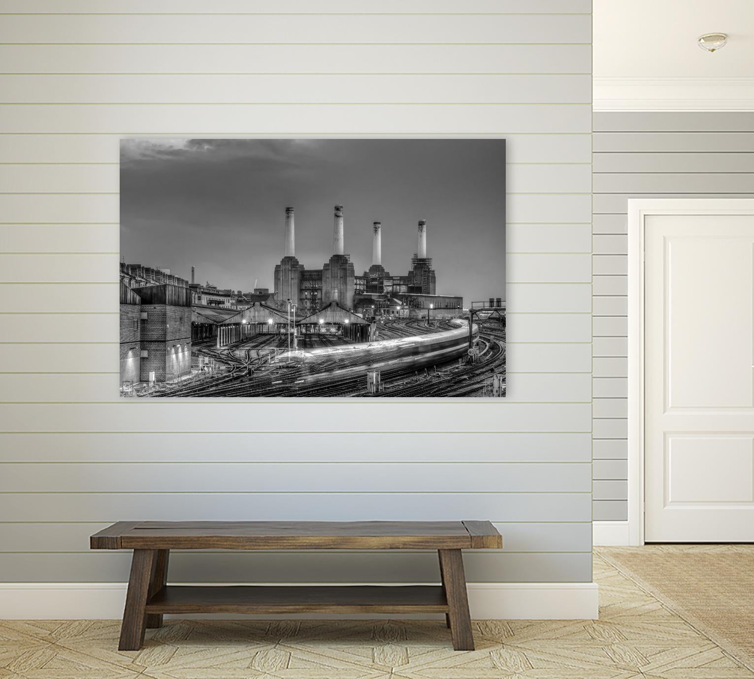 Trains pass Battersea Power Sation by Nick Jackson on GIANT ART - white city scene