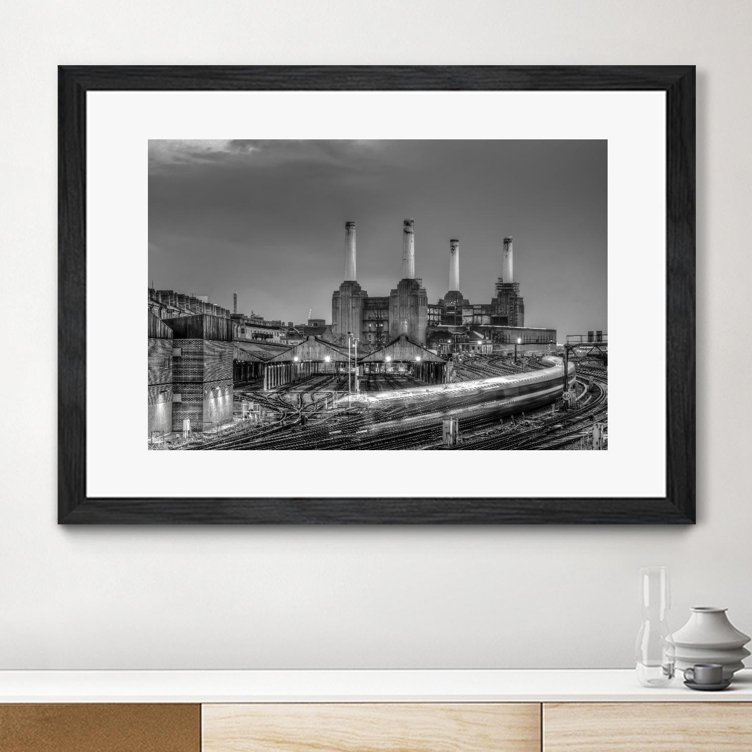 Trains pass Battersea Power Sation by Nick Jackson on GIANT ART - white city scene