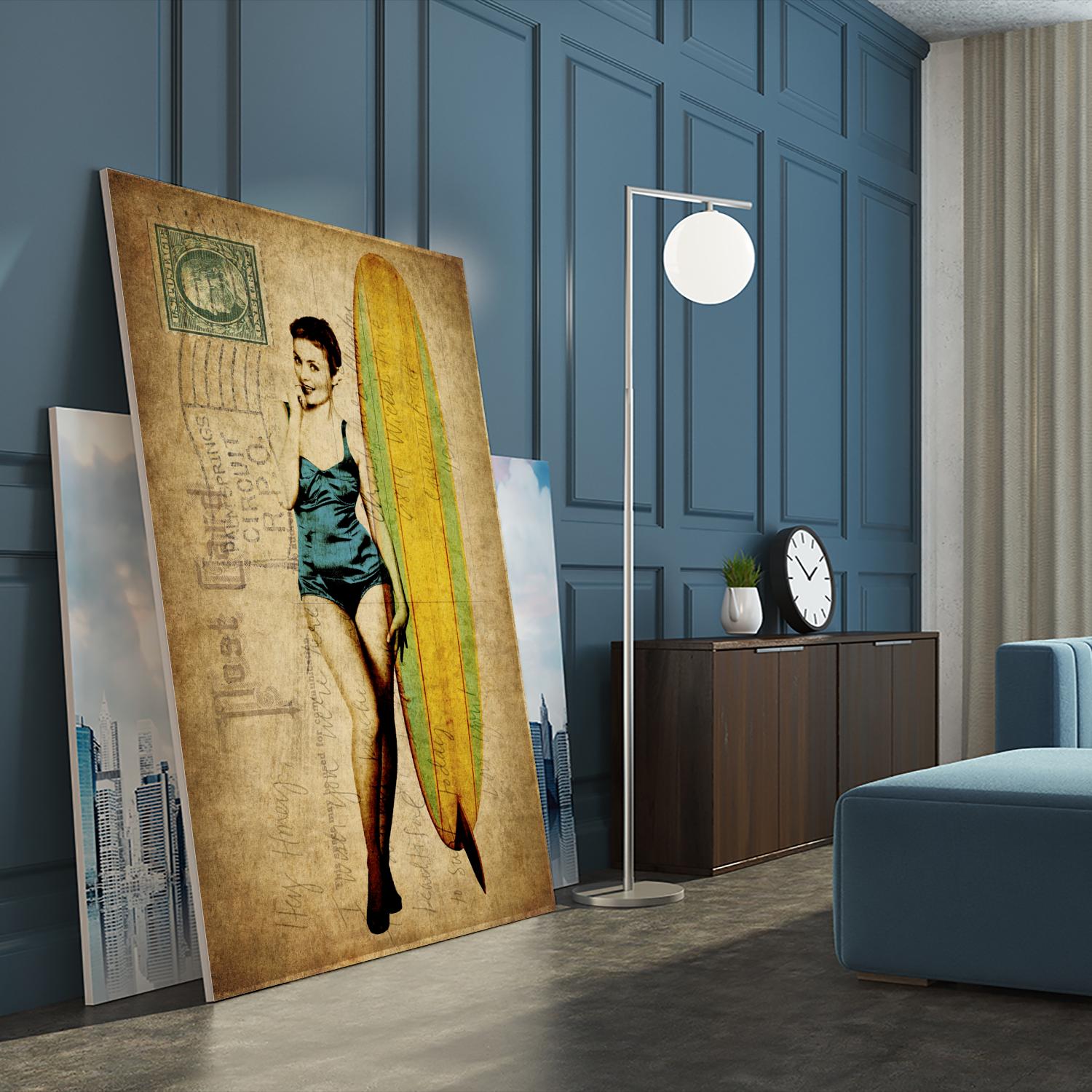 Pinup Girl Surfing by GI ArtLab on GIANT ART - yellow vintage