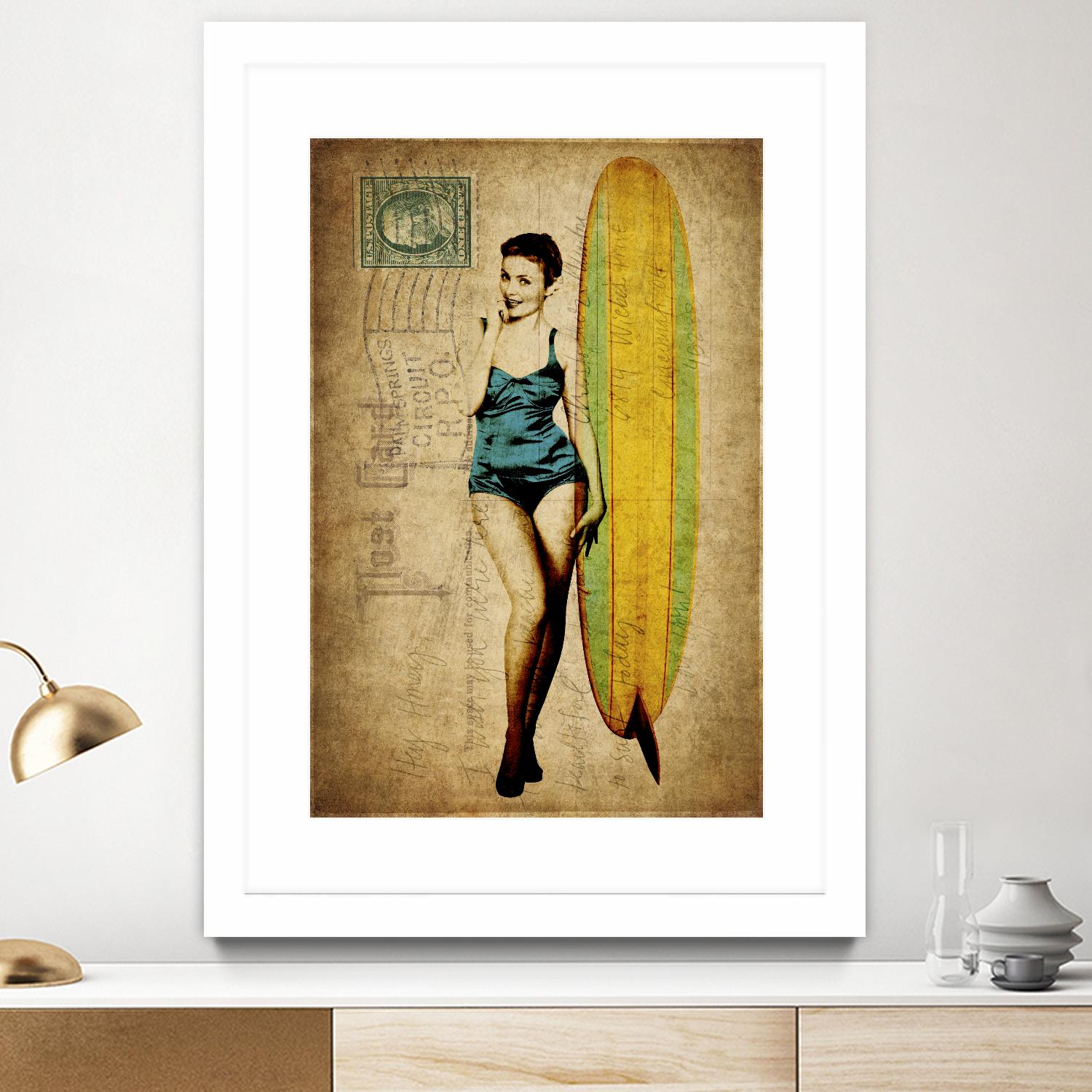 Pinup Girl Surfing by GI ArtLab on GIANT ART - yellow vintage