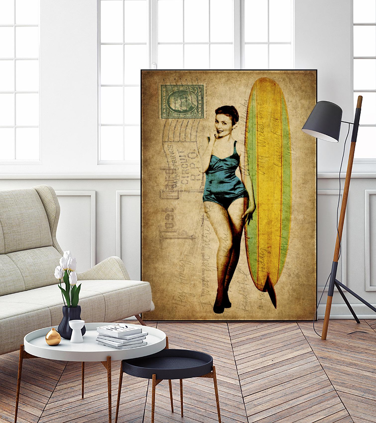 Pinup Girl Surfing by GI ArtLab on GIANT ART - yellow vintage