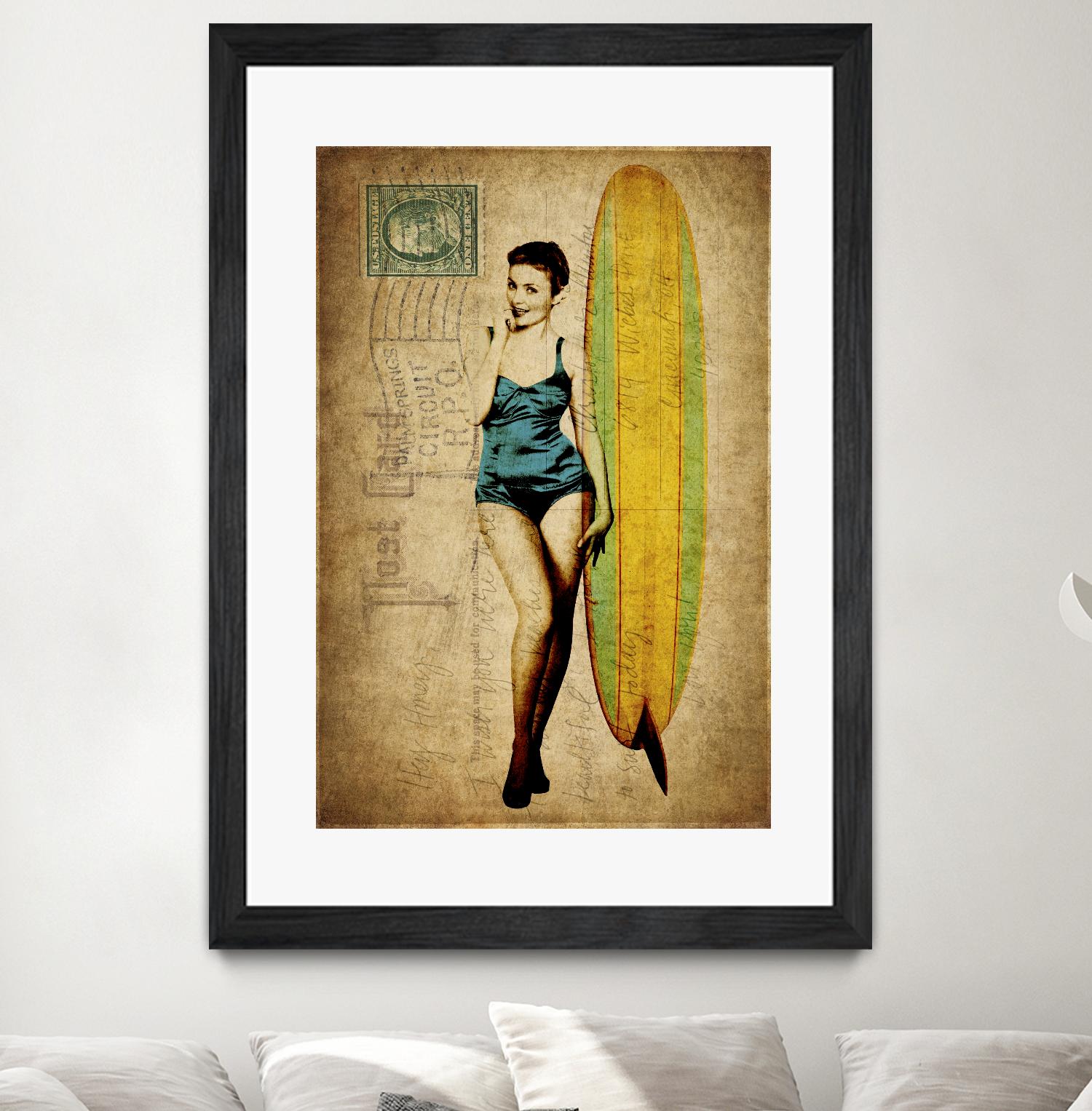 Pinup Girl Surfing by GI ArtLab on GIANT ART - yellow vintage