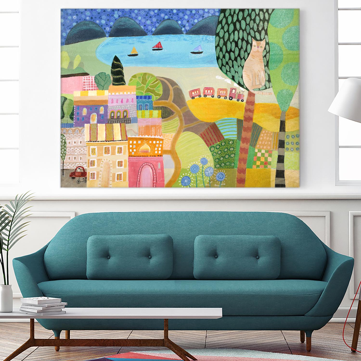 Village with Train by Nathaniel Mather on GIANT ART - green contemporary