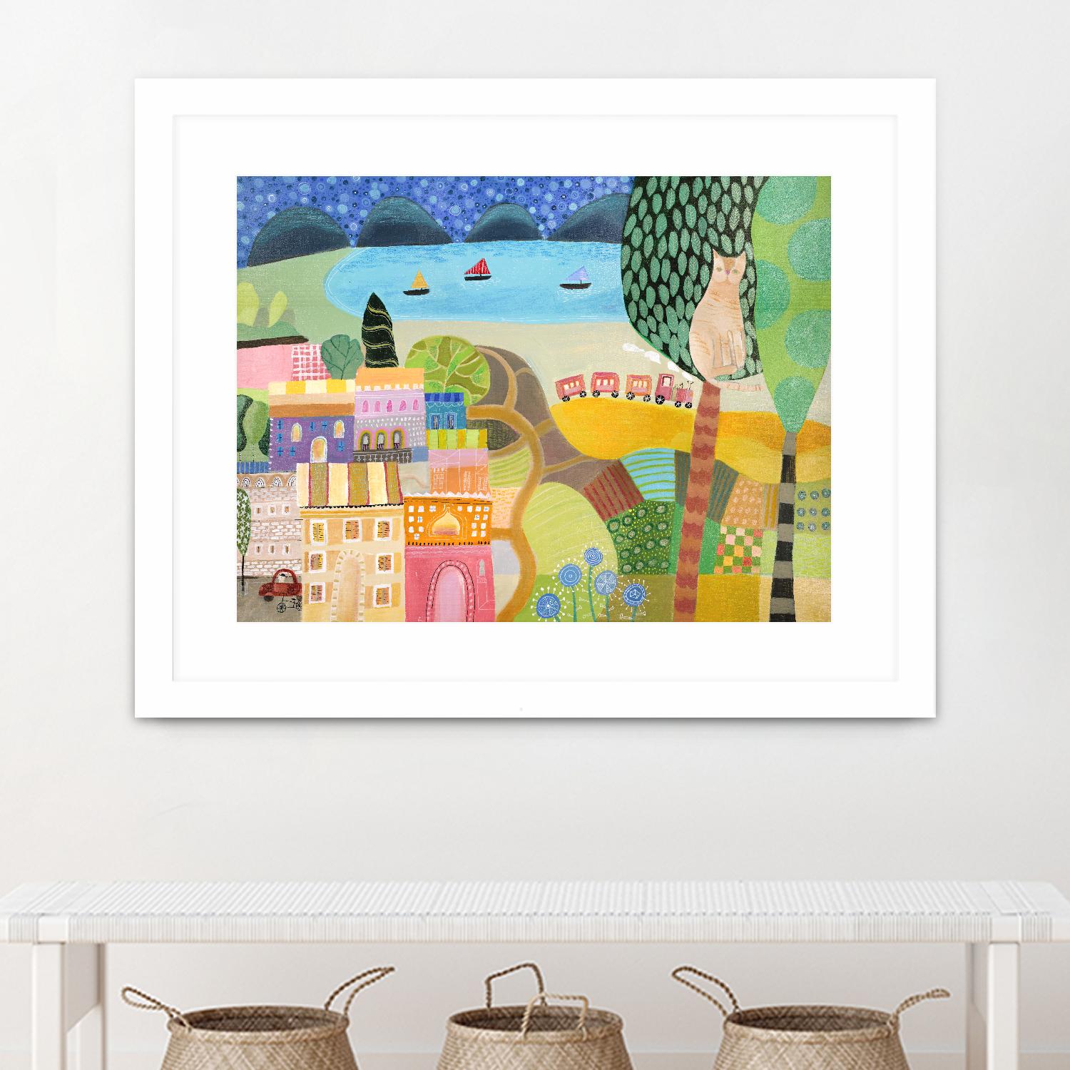 Village with Train by Nathaniel Mather on GIANT ART - green illustration maison