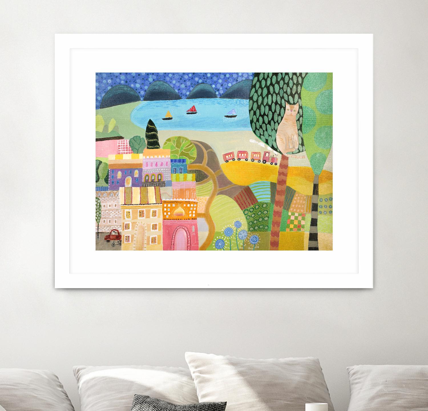Village with Train by Nathaniel Mather on GIANT ART - green illustration maison