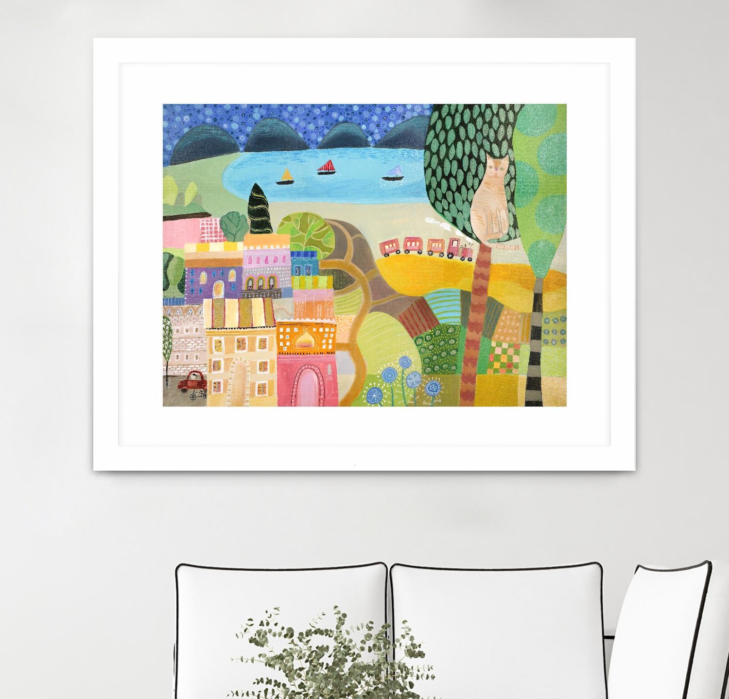 Village with Train by Nathaniel Mather on GIANT ART - green illustration maison