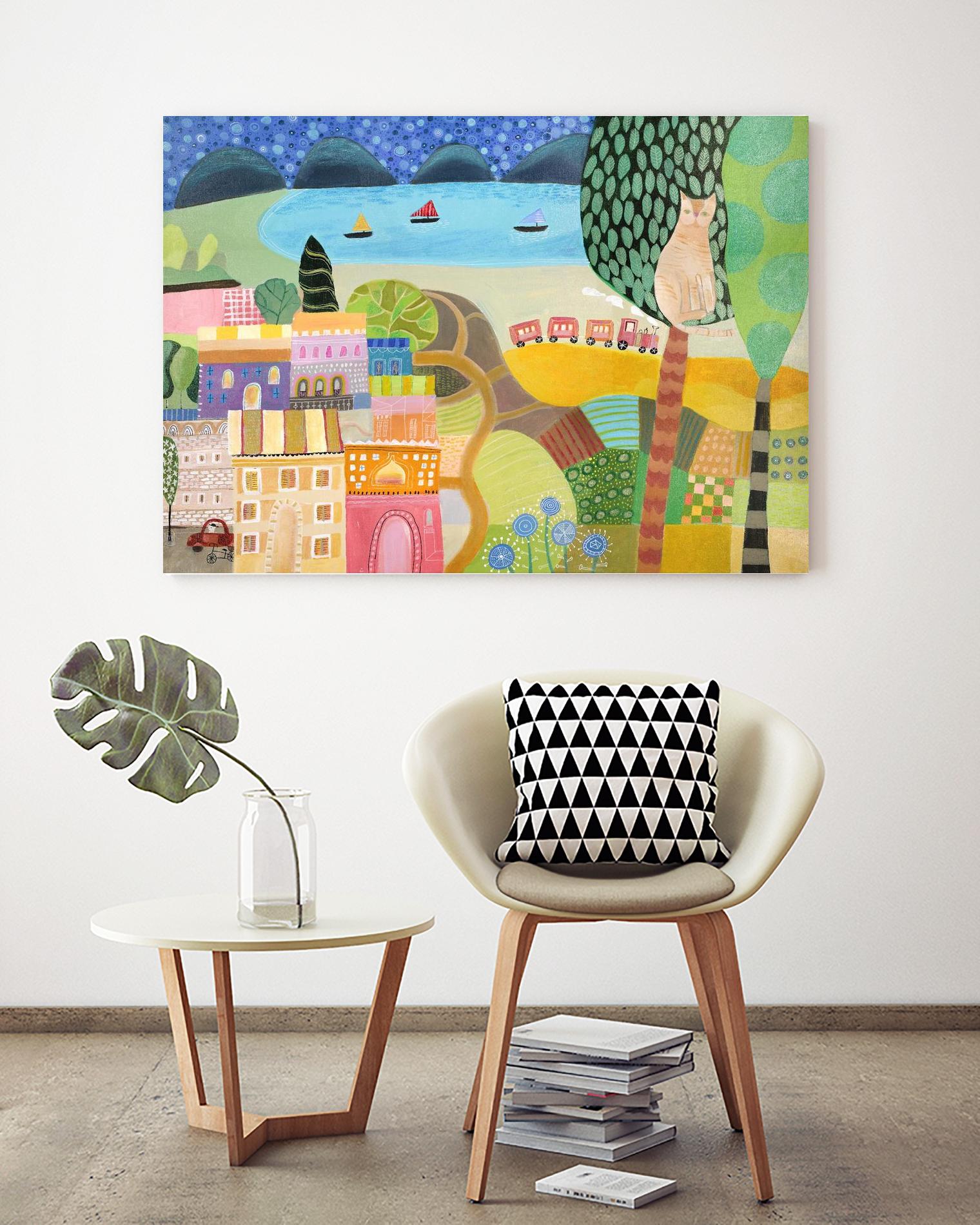 Village with Train by Nathaniel Mather on GIANT ART - green illustration maison