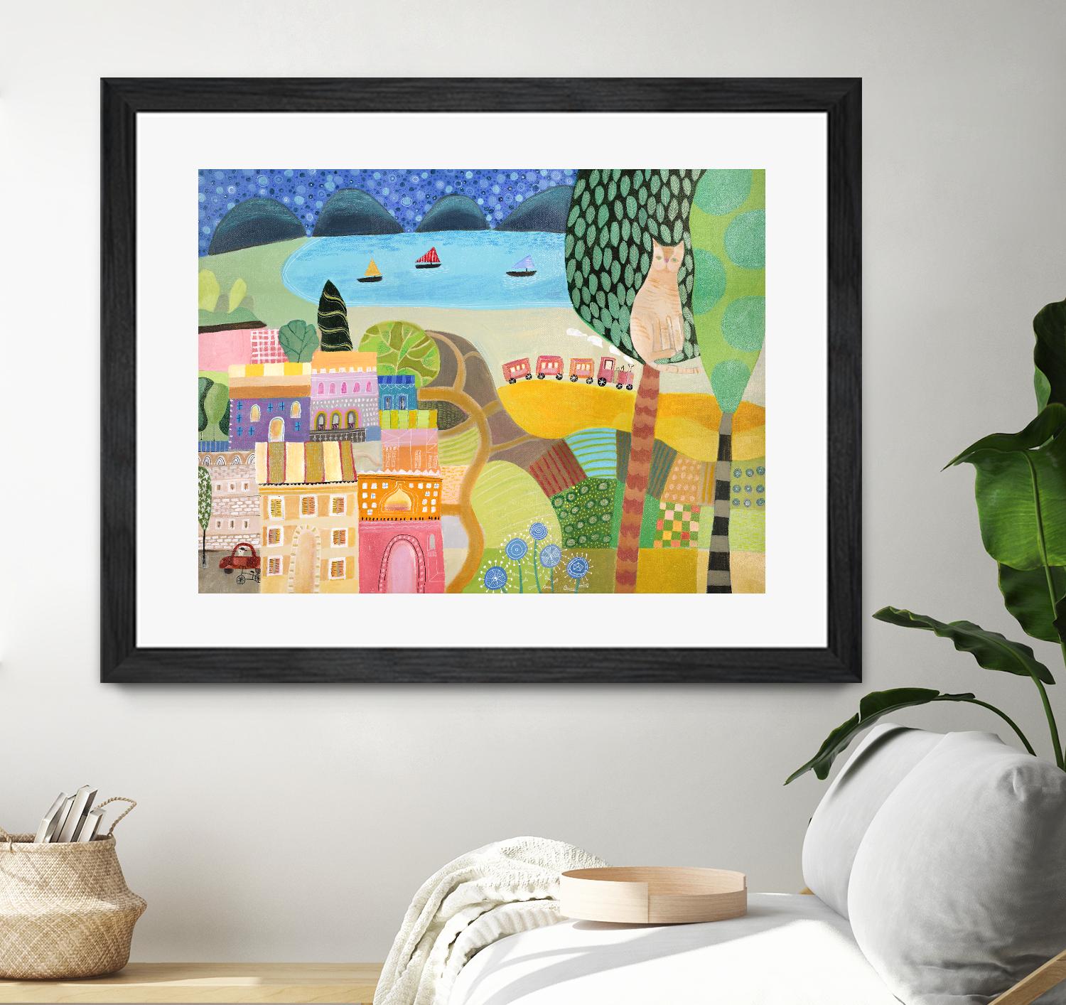 Village with Train by Nathaniel Mather on GIANT ART - green illustration maison