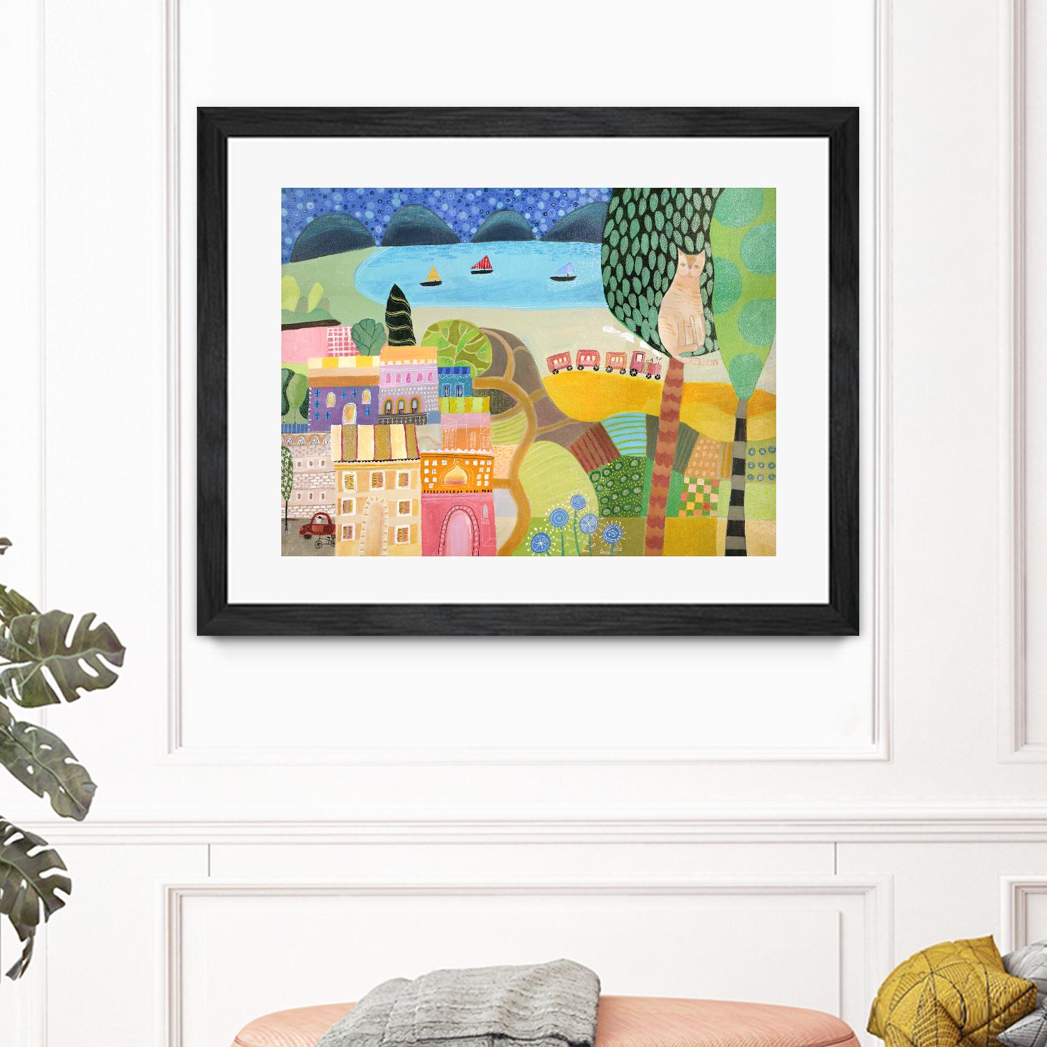 Village with Train by Nathaniel Mather on GIANT ART - green illustration maison