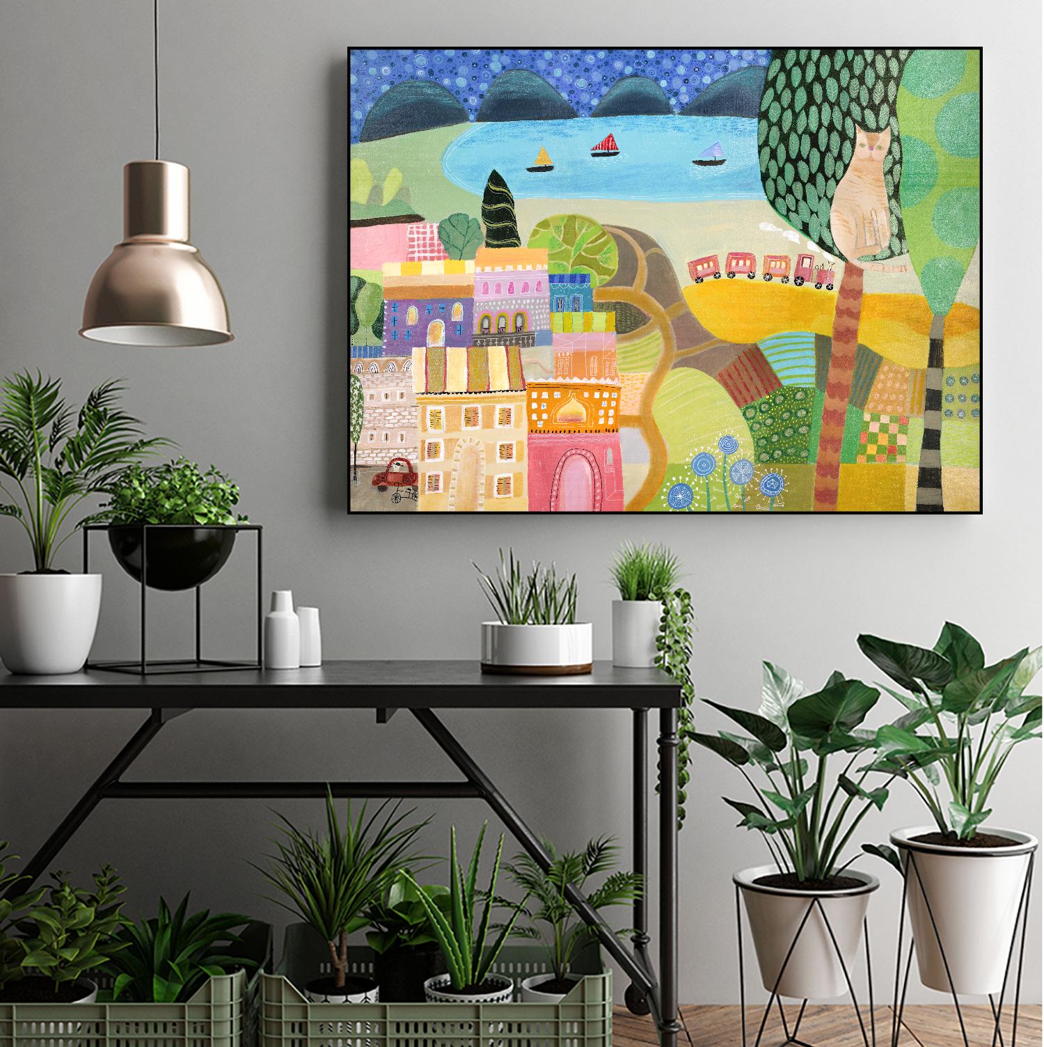 Village with Train by Nathaniel Mather on GIANT ART - green contemporary