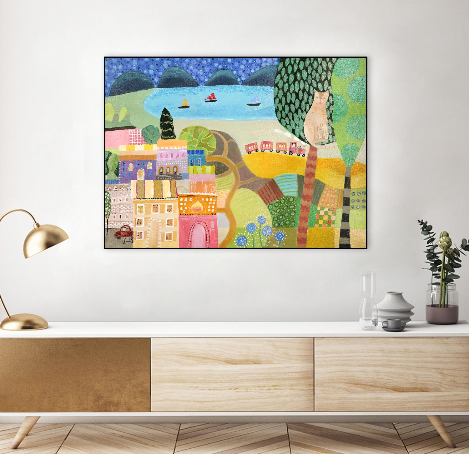 Village with Train by Nathaniel Mather on GIANT ART - green contemporary